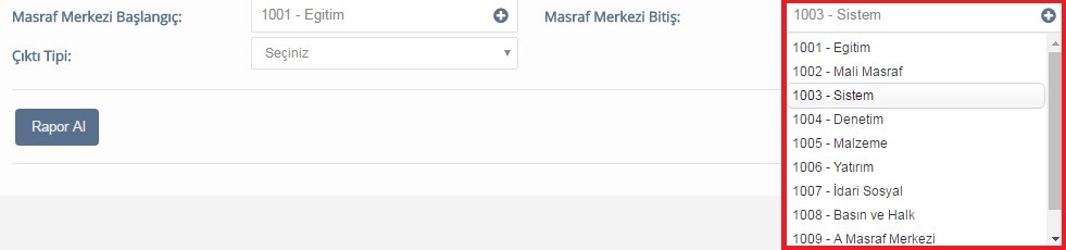 Masraf Merkezi Bitiş Autocomplete tamamlama